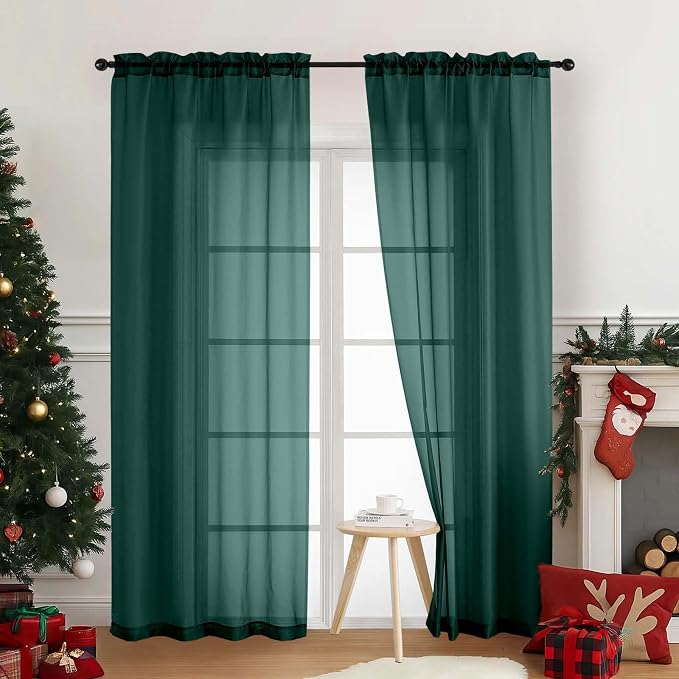 Green Sheer Curtains 84 Inches Long 2 Panels, Elegant Airy Transparent Light by Home