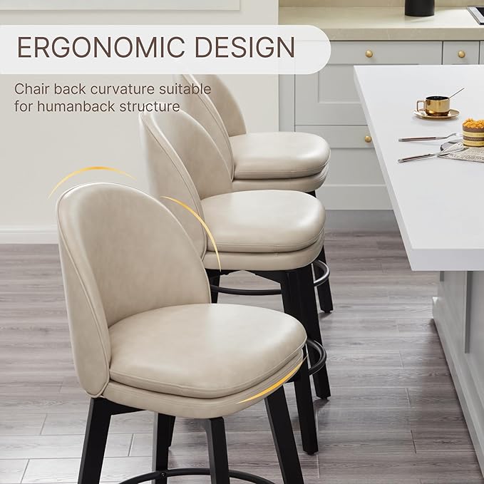 Counter Height Barstools 26 inch Upholstered Swivel Bar Stools with Back and Wood Legs for Kitchen Island,Set of 1,Beige PU Leather-Armless