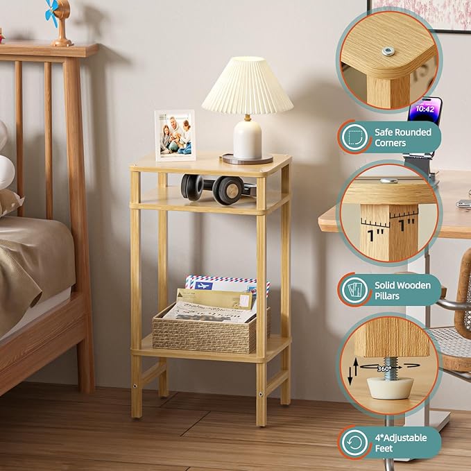 28in Tall Bamboo Side Table 3-Tier Small Narrow End Table, Skinny Nightstand for Small Space, Farmhouse Slim Night Stand with Storage for Couch, Wooden Thin Bedside Table, Natural