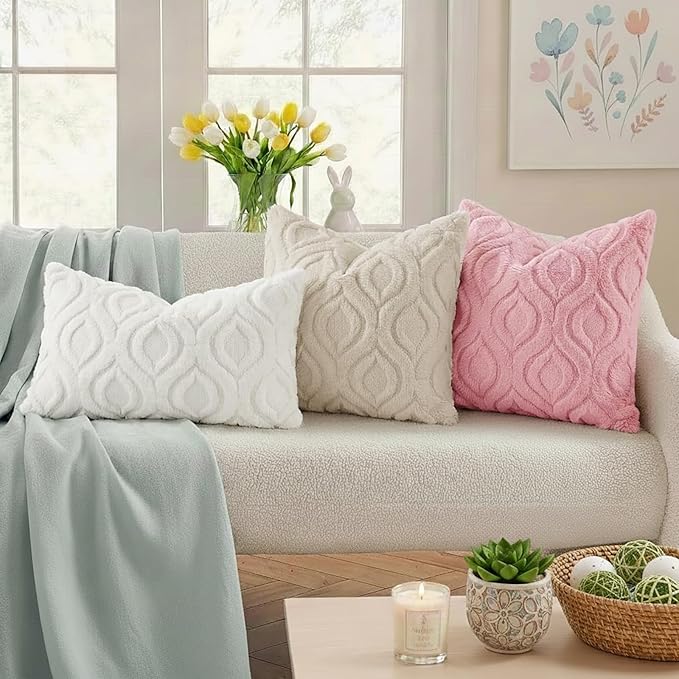 decorUhome Throw Pillow Covers 20x20 Inch Set of 2, Soft Plush Faux Wool Beige - Image 3