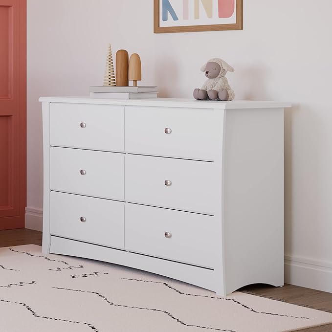 Storkcraft Crescent 6 Drawer Double Dresser (White) – GREENGUARD Gold Certified, Nursery Dresser for Kids Bedroom