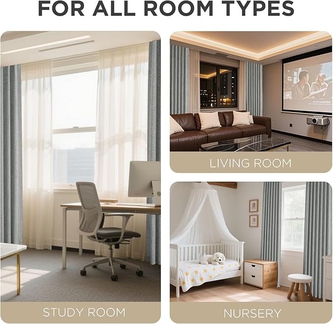 Joydeco 100% Blackout Curtains for Bedroom - Natural Linen Curtains 52" W x 120" L Long, Thermal Insulated 2 Panels Light Grey. Room Darkening Light Blocking Drapes for Living Room