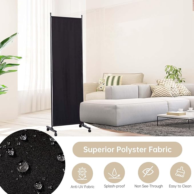 Room Divider 6 Panel Room Dividers/Wheels, Fabric Room Divider Panel for Office Room Partitions and Dividers, Portable Partition Wall Divider for Room Separation, Privacy Screen (Black, Wheel-22'')