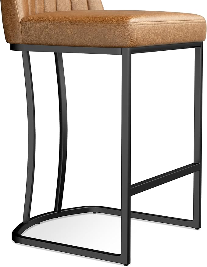 Counter Height Bar Stools Set of 6, Upholstered Leather Barrel Barstools with Back and Metal Legs for Kitchen Island, 27.4" Seat Height, Fabric in Faux Leather, Rustic Brown