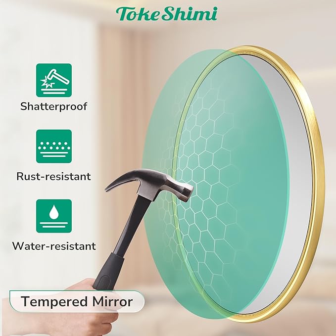 TokeShimi 16 in Round Gold Mirror Framed, 16 x 16 Shatterproof Circle Bathroom Vanity Mirror Wall Mounted Aluminum Wall Mirrored Farmhouse for Entryway, Bedroom, Restroom, Vanity, Living Room