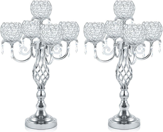 5-Arm Crystal Candelabra Centerpiece 23.2" Tall - Elegant Candle Holder Stand with Crystal Bowl, Chic Table Decor for Weddings, Parties, Anniversary & Home Decoration (2, Silver)