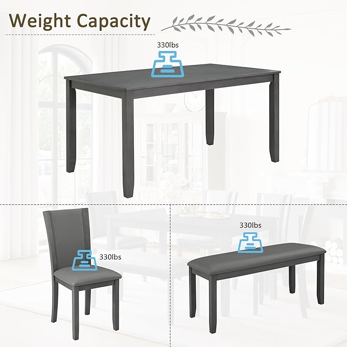 Ball & Cast 6 Piece Dining Table Set with 4 Upholstered Chairs & 1 Bench,Farmhouse Wooden Living Room Furniture for 6 W/ 58.5" Rectangle Kitchen Desk,for Restaurant,Home Bistro,Dining Room,Gray