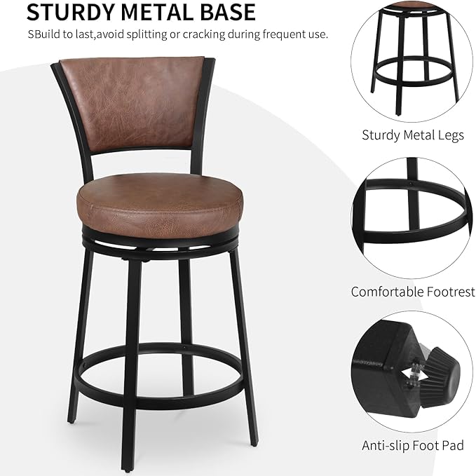 Bar Stools, Counter Height Barstools Set of 2, 25" Faux Leather Metal Round Swivel Bar Chairs with Back, Modern Upholstered Counter Stools for Kitchen Island, Brown