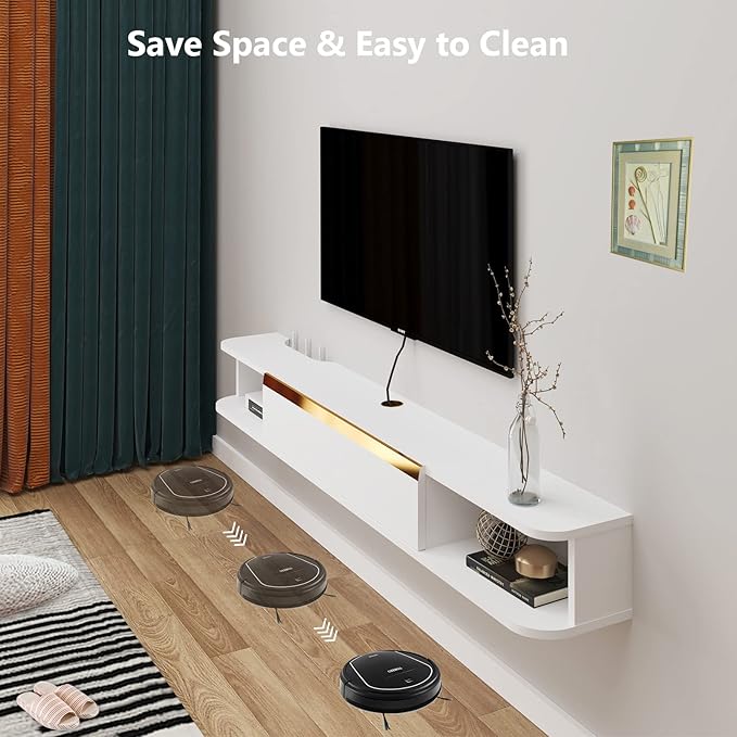 Floating TV Stand, 95'' Wall Mounted Entertainment Center TV Media Console, Floating Shelves with Door, Floating TV Cabinet Large Storage TV Bench for Living Room (White, 94.49IN)