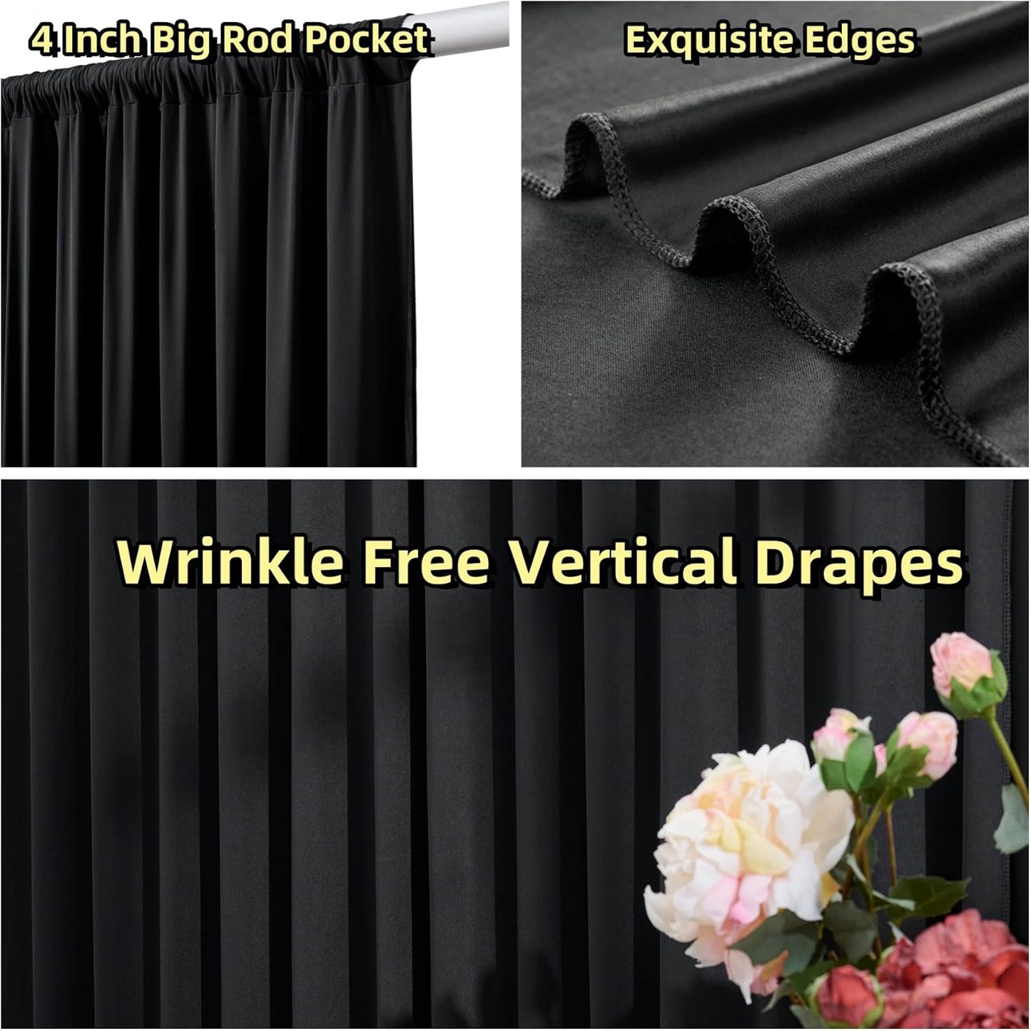 10 ft x 8 ft Wrinkle Free Black Backdrop Curtain for Parties, Polyester Black Photo Backdrop Drapes for Graduation Birthday Wedding Party Stage Curtains