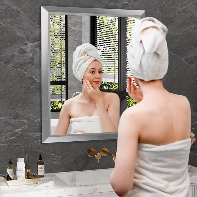 Amorho 30x36 Inch Bathroom Mirror Silver, Thick Metal Framed Wall Mirrors for Over Sink, Brushed Nickel Mirror Perfect for Bedroom, Living Room, Entryway, Rectangle (Horizontal/Vertical).