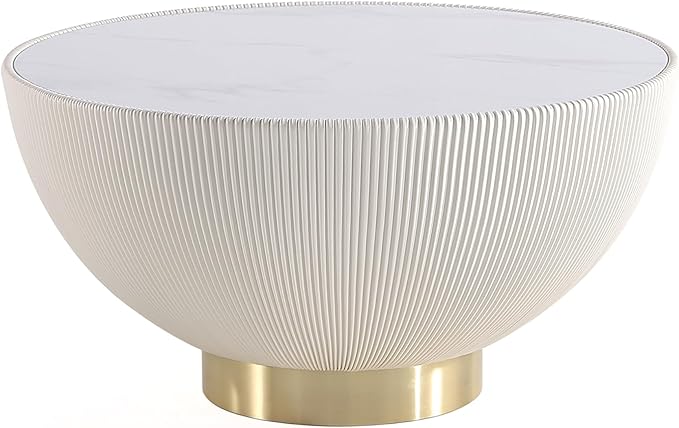 Manhattan Comfort Anderson Modern 28.15" Round Coffee Table 2.0 - Ceramic Marble Tabletop, Elegant Pleated Leatherette Details & Gold Base, Fully Assembled Accent Furniture, Set of 1, Cream