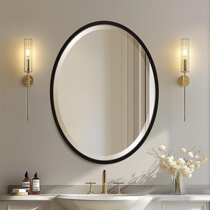 OVALCREST - Oval Wooden Beveled Wall Mirror for Home Decor, Bathroom, Vanity, Bedroom, Living Room, Hallway - London Style (Rubbed Black) 25.1 x 31.1