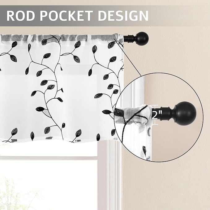 MRTREES Sheer Curtain Valance Rod Pocket, Voile Leaves Embroidered Christmas - Image 2