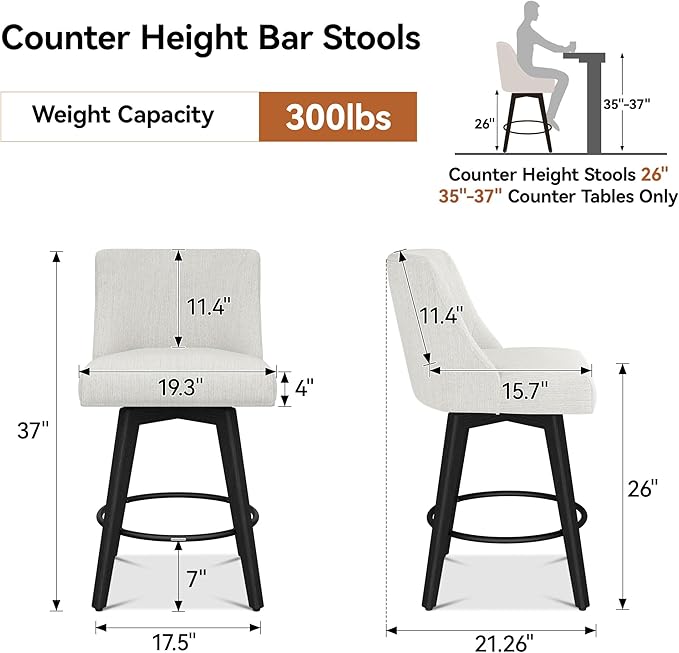 Counter Height Bar Stools Set of 6, Modern Swivel Barstools with Back and Wood Legs, Linen Fabric Upholstered Bar Chairs, 26" H Kitchen Counter Stools, Kitchen Island Home Bar, Ivory