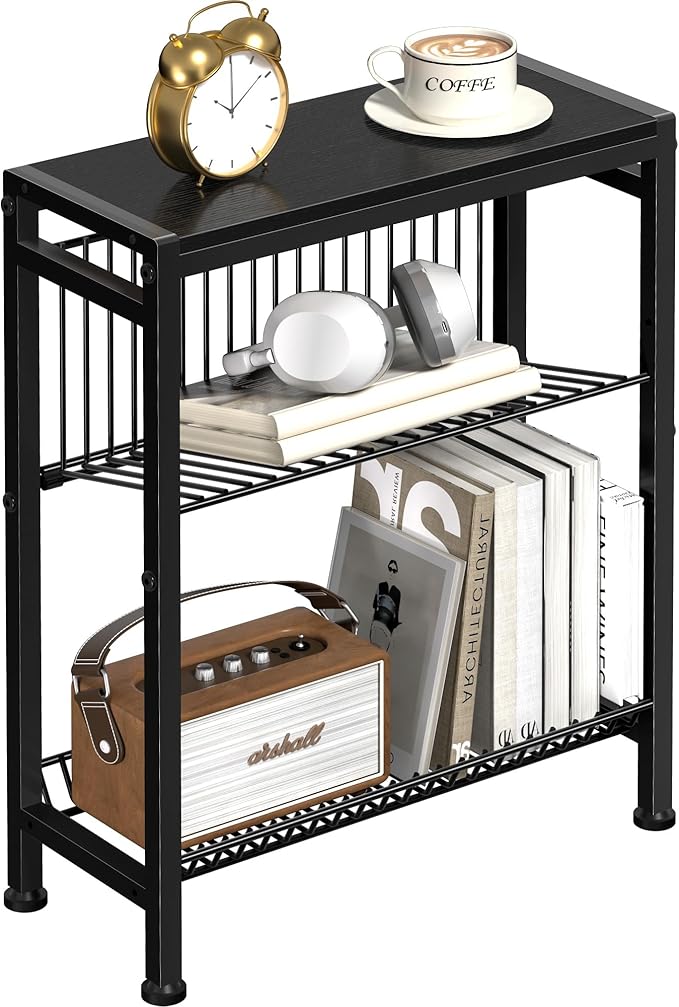 Narrow Side Table for Small Space, 3-Tier End Table with Magazine Holder, Slim Nightstand with Wire Shelf, Skinny Bedside Table in Living Room, Bedroom, Study, Kitchen and Balcony (Black)