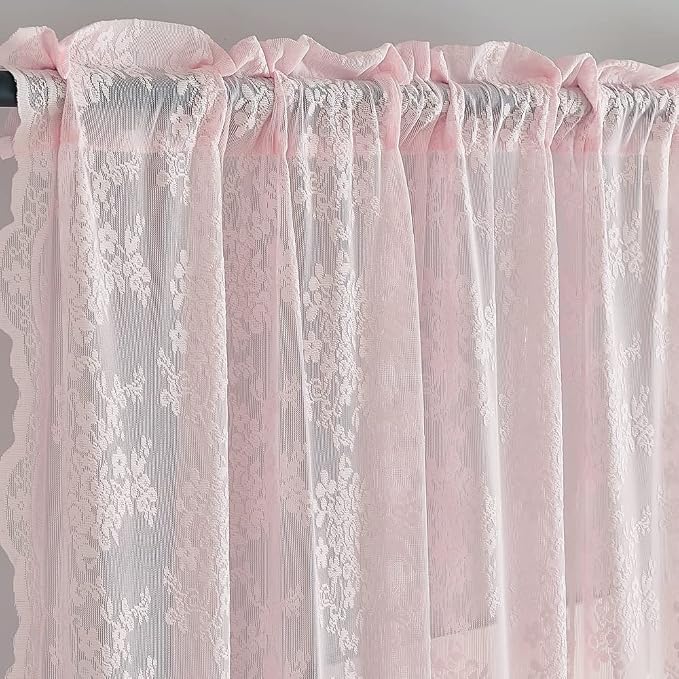YJ YANJUN Vintage Lace Curtains Elegant Floral Pink Sheer French Door Curtains - Image 2