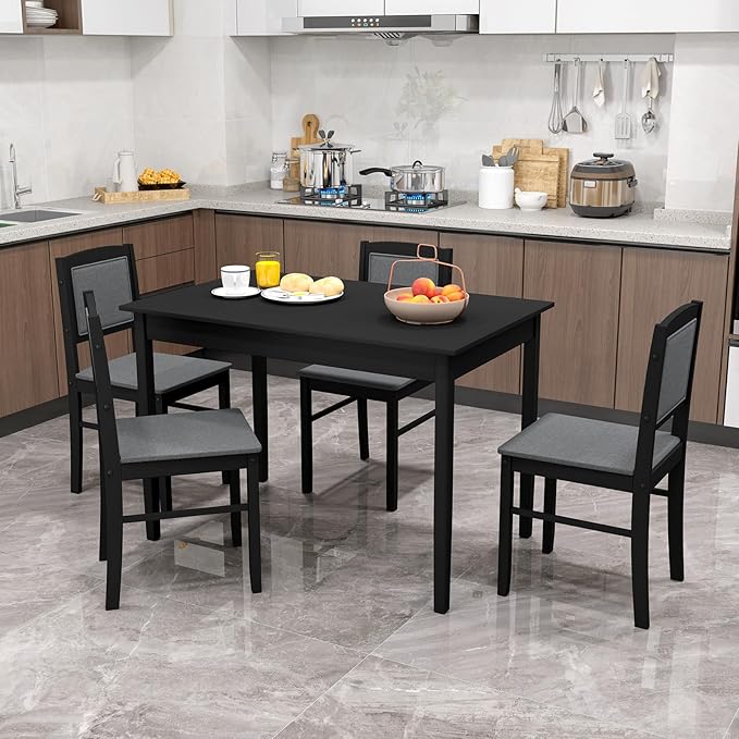 Giantex 5-Piece Dining Table Set for 4 - Breakfast Nook Table Set with Kitchen Table, 4 Upholstered Chairs, Wood Legs, Space-Saving Dinette Set, Kitchen Table Chairs Set of 4 (Black+Grey)