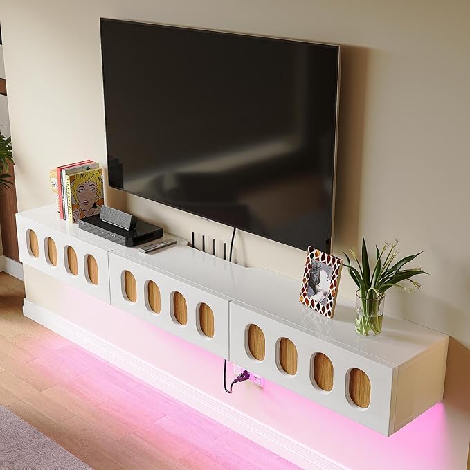 Floaticase Fully Assembled Floating TV Stand, 55IN High Gloss Wall Mounted Entertainment Center with Flip-Down Doors & Drawers, TV Console Under TV Shelf for Bedroom Livingroom