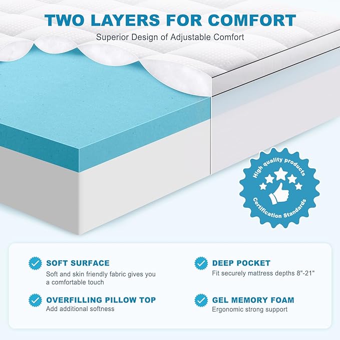 MASVIS Twin Size Dual Layer 4 Inch Memory Foam Mattress Topper, 2 Inch Gel Memory Foam and 2 Inch Cooling Pillow Top Mattress Pad Cover for Back Pain, Medium Support