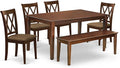 East West Furniture DUCL6-MAH-C 6 Piece Kitchen Table & Chairs Set Contains a Rectangle Dining Room Table and 4 Linen Fabric Dining Chairs with a Bench, 36x60 Inch, Mahogany