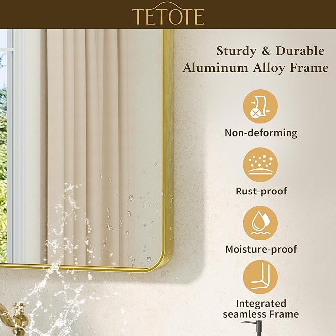 TETOTE Gold Framed Mirror 48 x 30 Vanity Mirrors for Wall Decor Brushed Gold Bathroom Mirrors, Tempered Glass, Modern Farmhouse Wall Mounted Mirror for Decorative(Horizontal/Vertical)