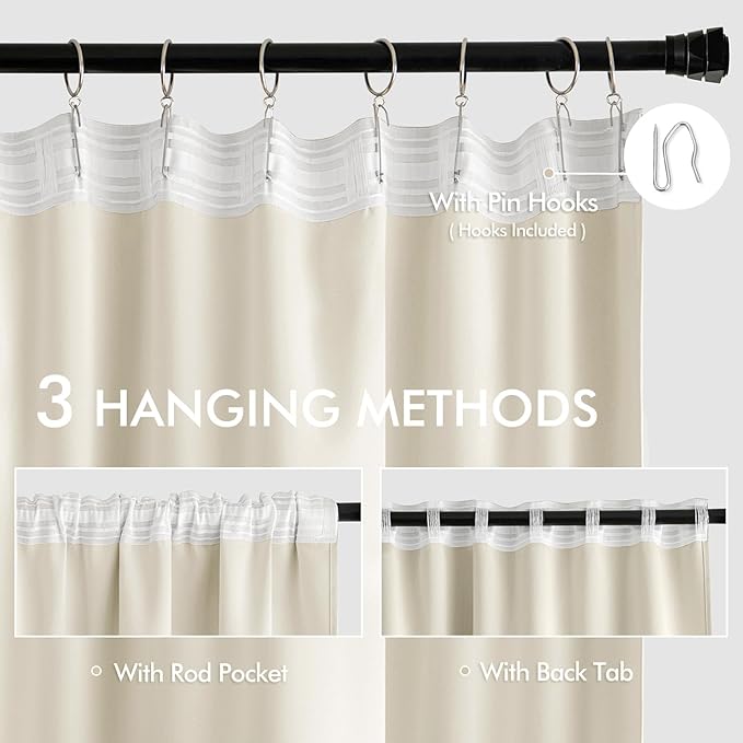 MIULEE Beige White Back Tab Blackout Curtain 96 Inch Long 2 Panels Set - Image 3