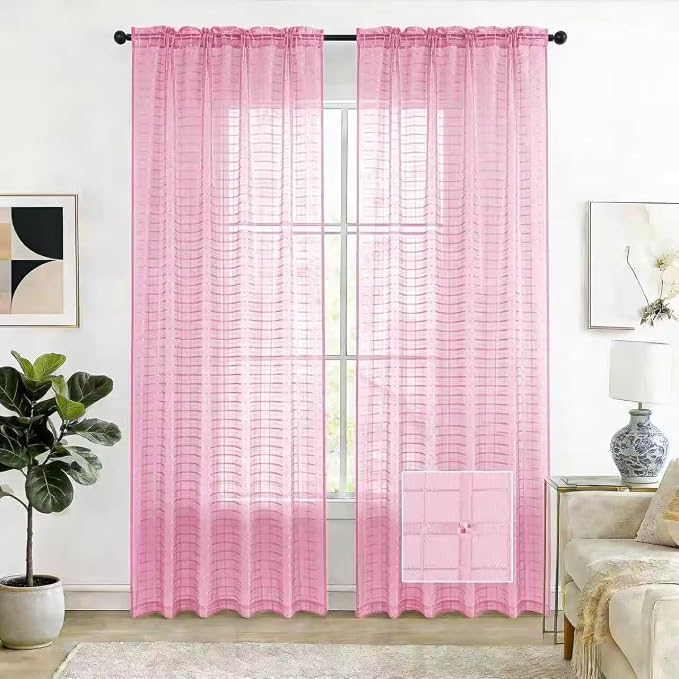 SpaceDresser Check Sheer Curtains 84 Inches 2 Panels Set, Rod Pocket Plaid by SpaceDresser