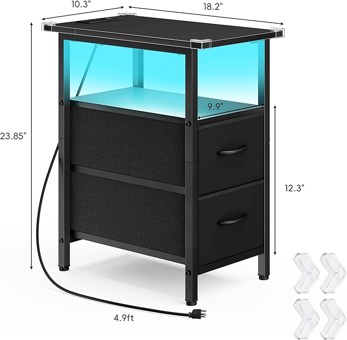 Vagusicc Black Nightstand with Charging Station and LED Lights, Narrow Side Table, LED Night Stand with 2 Fabric Drawers, Bedside Table with USB Ports and Outlets, Tall Nightstand for Bedroom, Black