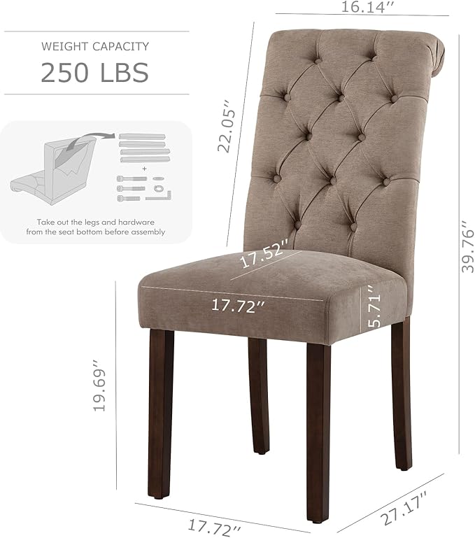 COLAMY Button Tufted Dining Chairs Set of 6, Parsons Upholstered Fabric Dining Room Chairs Kitchen Chairs with Wood Legs and Padded Seat, Taupe