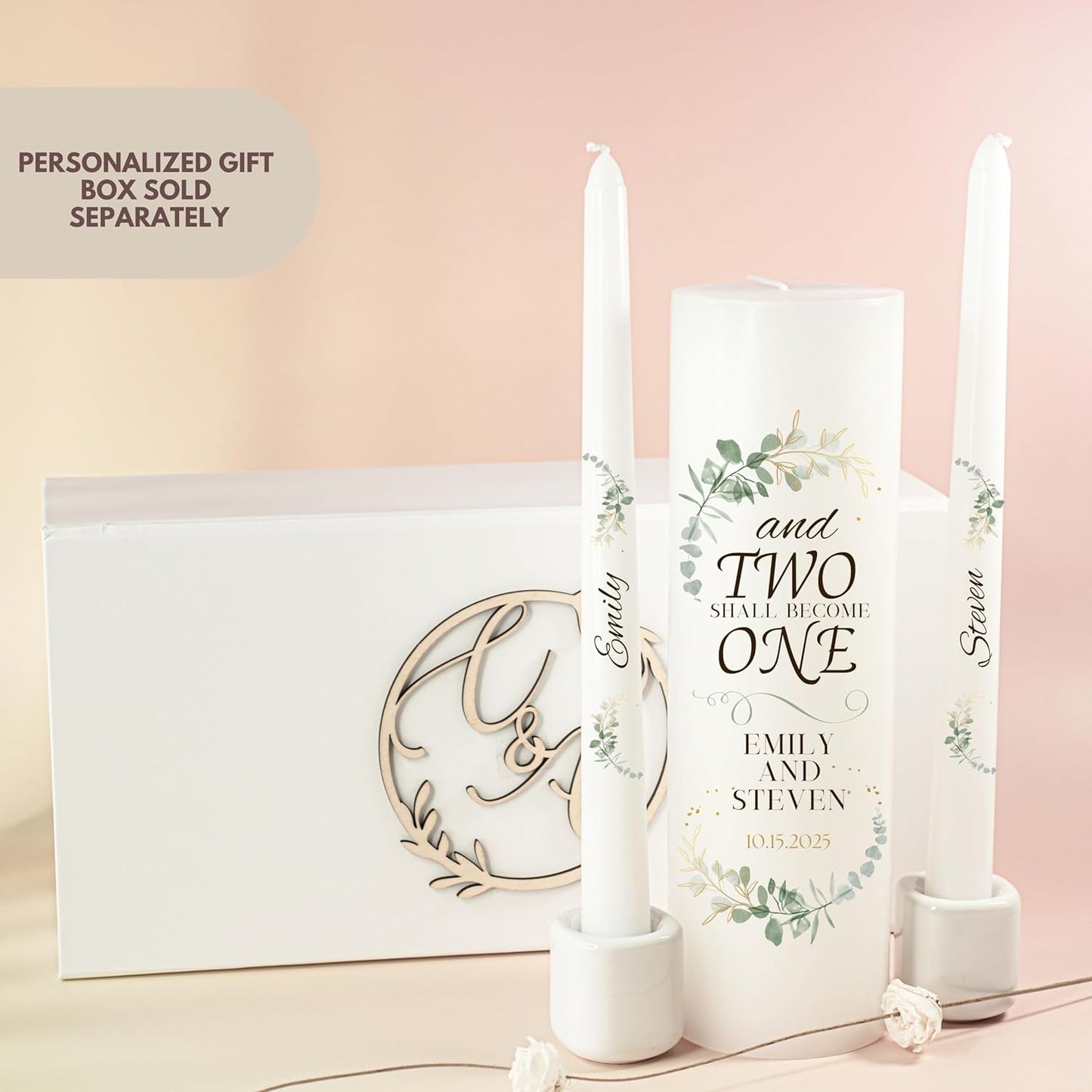 Unity Candles for Wedding, Modern Unity Set, Custom and Personalized Pillar and Taper Candles with Quote, Unscented White Premium Wax, Religious and Wedding Ceremony, Special Events (Custom Date)