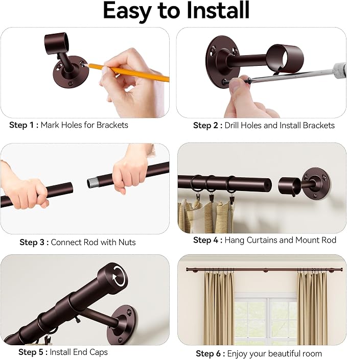 YaFex 2 Pack Heavy Duty Curtain Rods 32-60 Inch, 1 Inch Adjustable Curtain Rod - Image 8