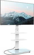 FITUEYES Floor TV Stand for 32-75 inch TV with Power Outlet, Tall TV Mount for Bedroom Living Room with Tempered Glass Base, TV Stand with Mount Holds Up to 88lbs MAX VESA 600x400mm,White