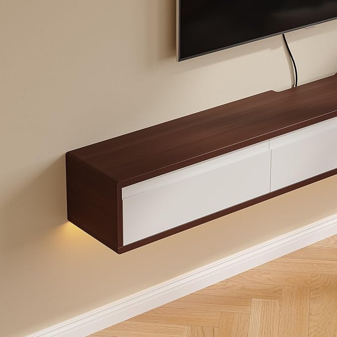 Floating TV Stand High Gloss,47'' Wall-Mounted TV Cabinet,Floating TV Console,Under TV Shelf with 3 Doors for Living Room Bedroom(Walnut+White)