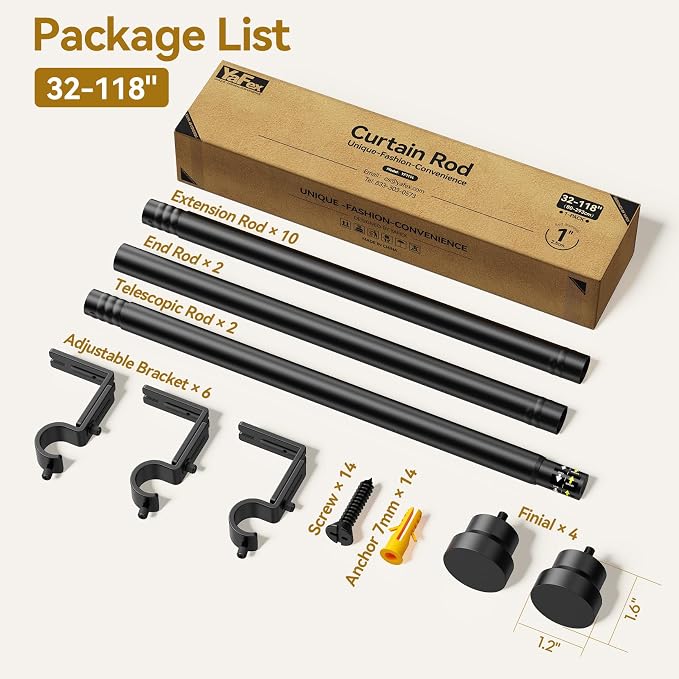 YaFex Curtain Rods 2 Pack 32-118 Inch, Heavy Duty 1 Inch Curtain Rod, Modern - Image 7