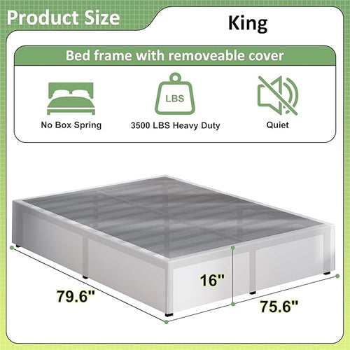 16 Inch King Size Bed Frame with White Skirt Cover, Metal King Bed Frame with Storage, No Box Spring Needed, Heavy Duty, Easy Assembly, Noise Free, Mattress Foundation