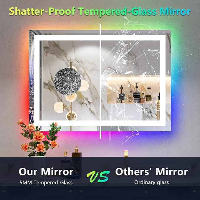 24x32 Inch RGB LED Bathroom Mirror Front Light and RGB Backlit Lighted Vanity Mirror for Bathroom Wall Mounted Dimmable Anti Fog Memory Shatter-Proof IP54 Waterproof Horizontal/Vertical
