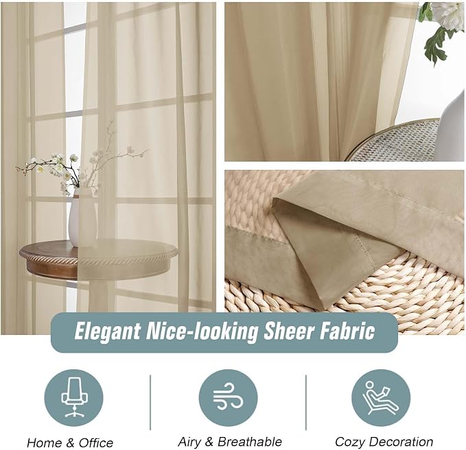 Taupe Sheer Curtains for Window 96 Inches Long 2 Panels Set, Soft Airy Light - Image 4
