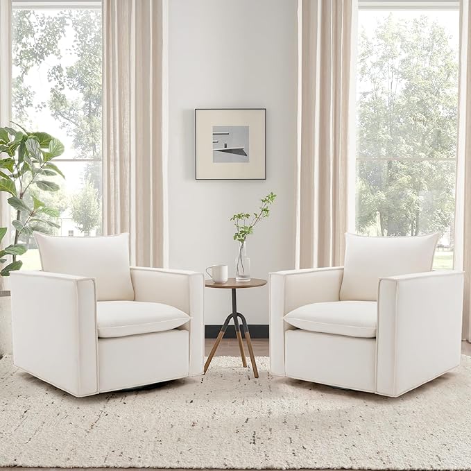 Swivel Accent Chair Set of 2,34'' Wide Upholstered Arm Chair with Plump Back Pillow, Modern Sofa Living Room Chair for Bedroom, Corner, Reading Nook-Classic Beige