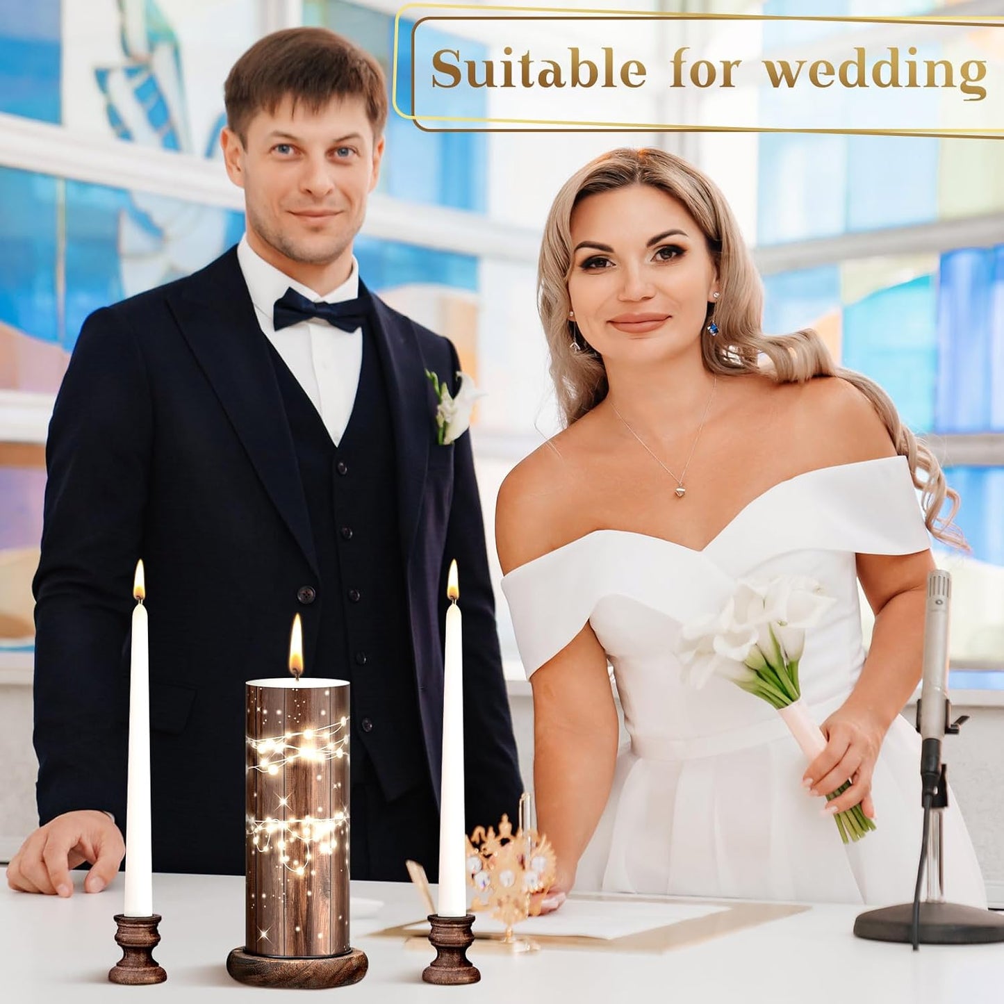 Irenare Unity Candles with Holder for Wedding Ceremony Wedding Decortions Accessories Glass Candle Holder Pillar Candle for Formal Events Church(Wood)