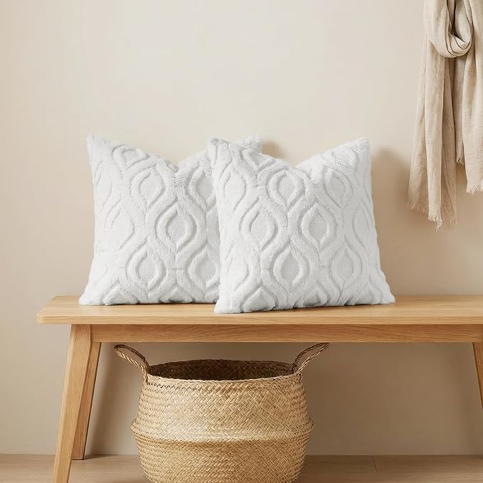 decorUhome Throw Pillow Covers 12x20 Inch Set of 2, Soft Plush Faux Wool White - Image 4