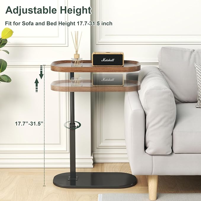 Adjustable Height C Shaped End Table with Wheels,360°Swivel Side Table, Top Tilting Laptop Stand TV Table for Sofa/Bed, Couch Tables that Slide under,Small Coffee Table for Living Room (walnut A)