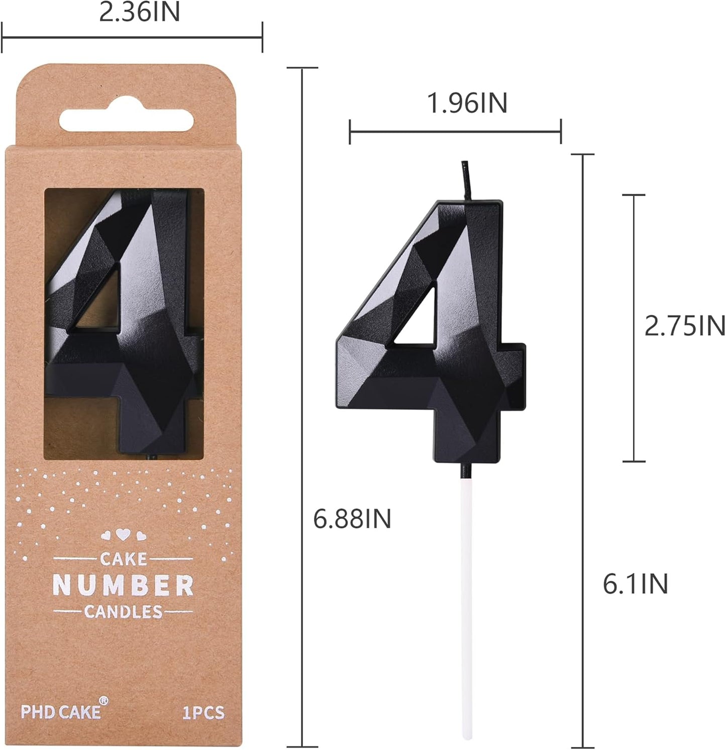 PHD CAKE 2.76 Inch Crystal Black 4 Number Birthday Candles, Black Number Candles, Cake Number Candles, Party Celebration