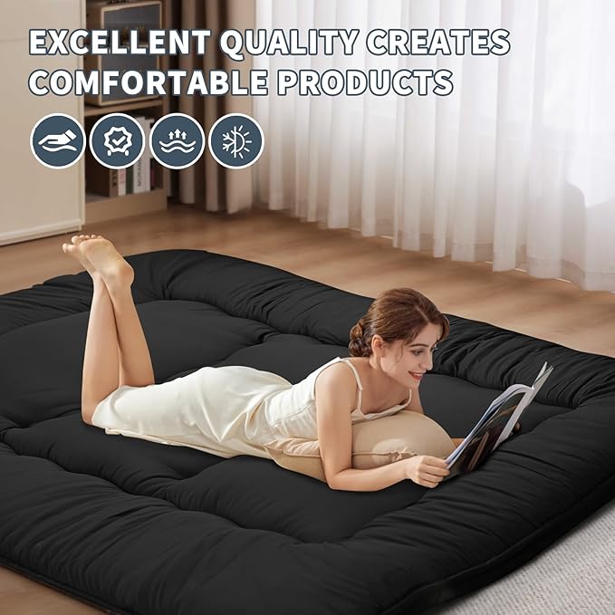 Japanese Floor Mattress,4" Thicken Japanese Floor Sleeping Pad Foldable,Futon Mattress Suitable for Camping and Guest Room (Black, Twin (80" x 36"))