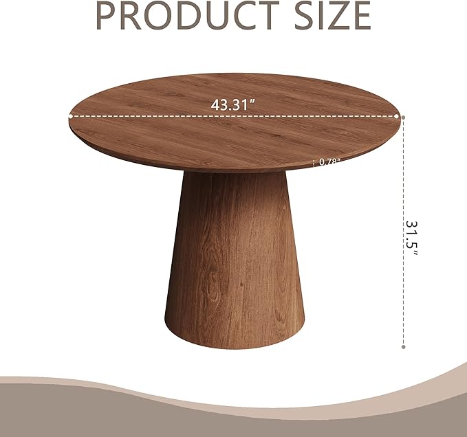 Round Dining Room Table for 4, 43'' Modern Farmhouse Kitchen Table with Round Pedestal, for Kitchen, Living Room, Cafe,Small Spaces, Apartment Walnut