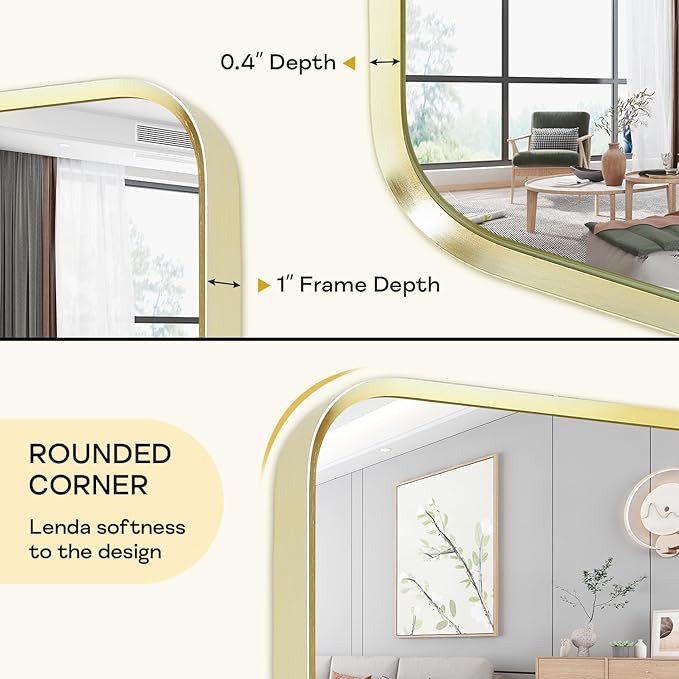 Large Gold Bathroom Mirror, Rounded Corner Rectangular Brushed Gold Frame Vanity Mirror, Wall-Mounted, Anti-Rust, Tempered Glass, Hangs Horizontally or Vertically (30" x 48", Gold)