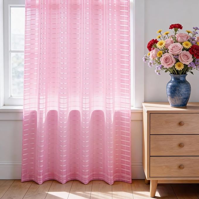 SpaceDresser Check Sheer Curtains 84 Inches 2 Panels Set, Rod Pocket Plaid - Image 3