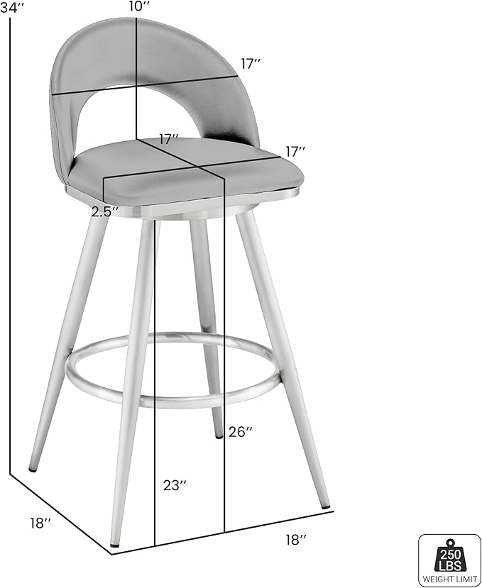 Armen Living Charlotte Swivel Counter Stool in Black Metal and Grey Faux Leather