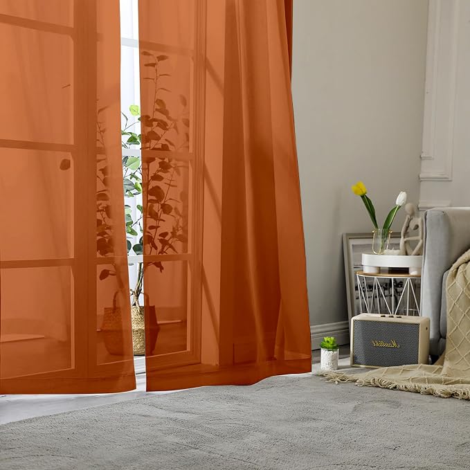 Lecloud Orange Sheer Curtains 90 Inches Long 2 Panels, Light Filtering Voile - Image 2