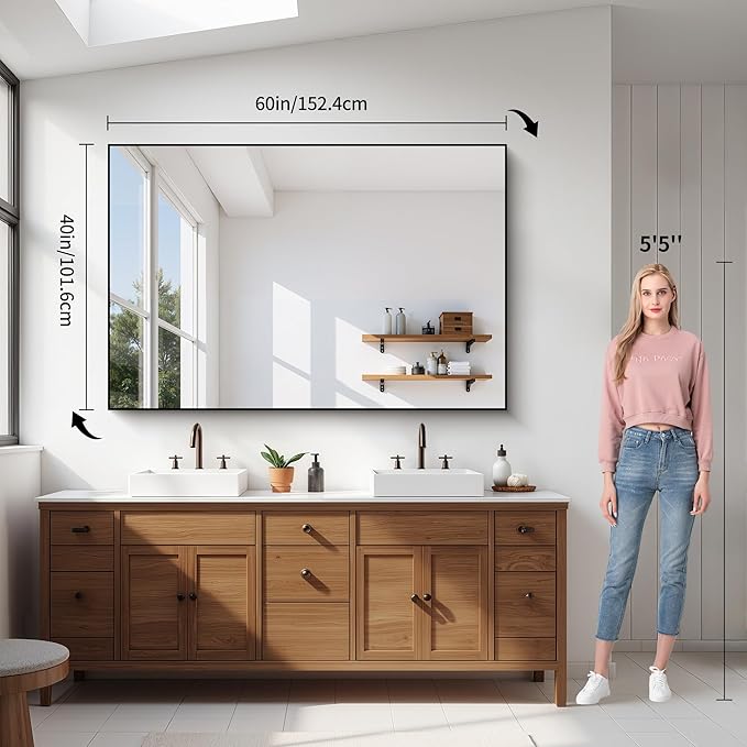 YIROMAN Bathroom Mirror 60"x40", Large Matte Black Bathroom Mirror for Over Sink with Aluminum Frame, Rectangular Vanity Mirror with Right Angle, Wall Mirror Hangs Horizontal or Vertical, Shatterproof